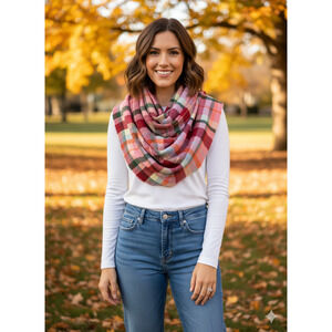 Echo fuzzy soft fall Plaid women's winter scarf wrap - Burgundy /peach 22WX72L
